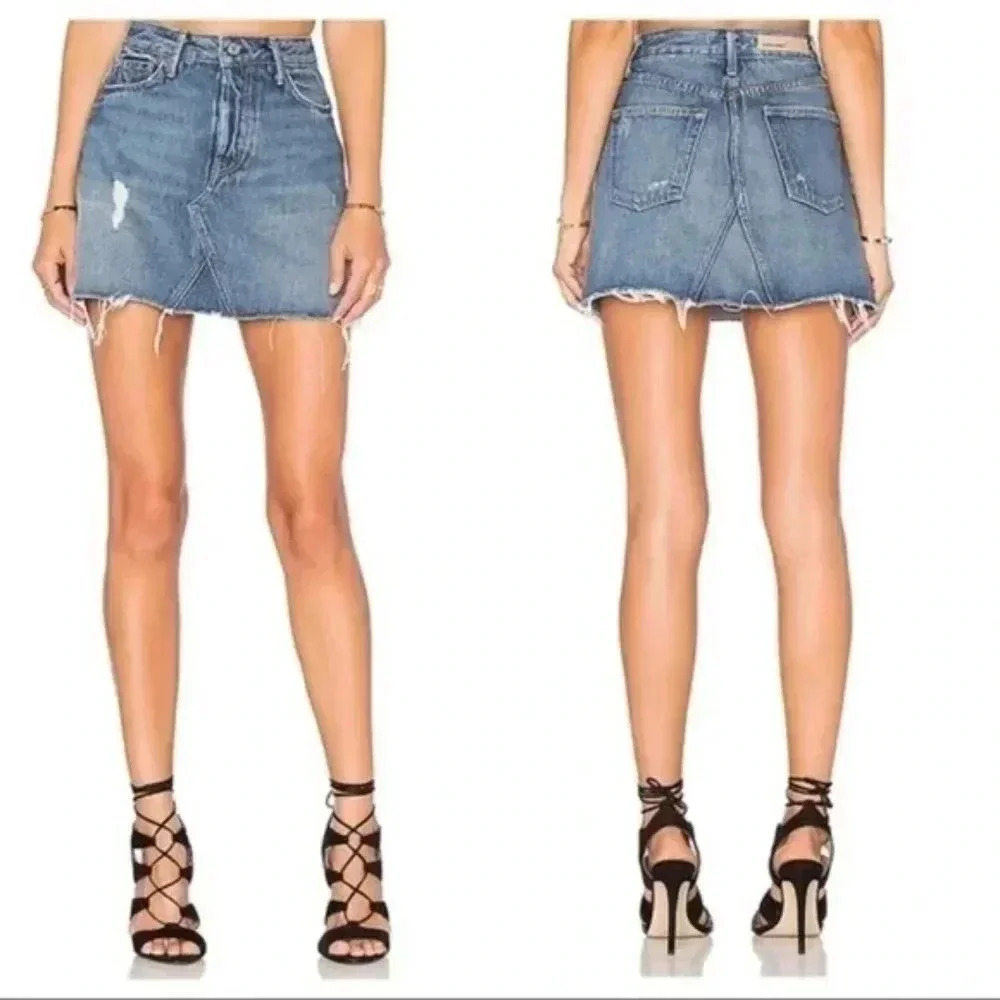 GRLFRND Denim Eva Mini Skirt Size 24 High Rise Button Fly Distressed A F…